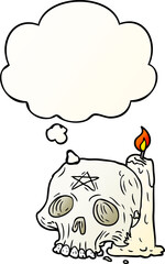 cartoon spooky skull and candle and thought bubble in smooth gradient style