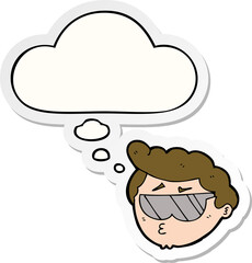 cartoon boy wearing sunglasses and thought bubble as a printed sticker