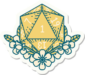 natural one dice roll with floral elements sticker