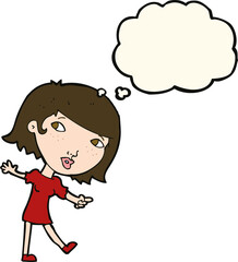 cartoon happy girl gesturing to follow with thought bubble