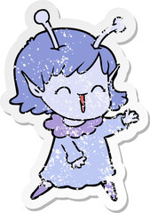 distressed sticker of a cartoon alien girl laughing