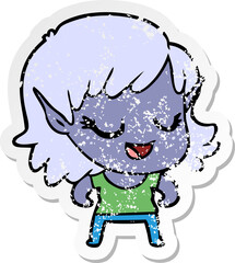 distressed sticker of a happy cartoon elf girl