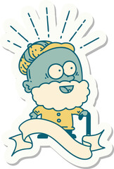 sticker of tattoo style happy old man with walking stick
