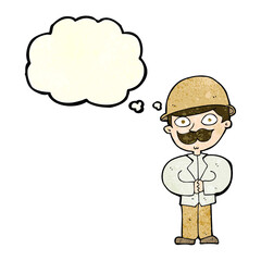 cartoon man in safari hat with thought bubble
