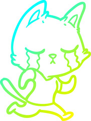 cold gradient line drawing crying cartoon cat running away