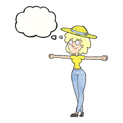 thought bubble textured cartoon woman spreading arms