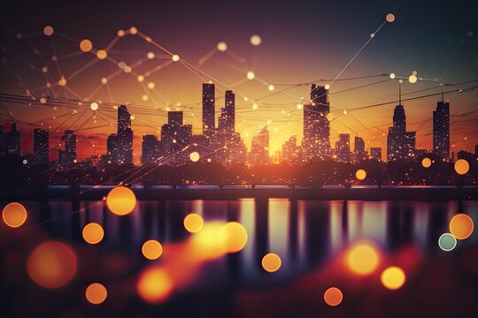 City skyline with network data conection on bokeh. ai generative