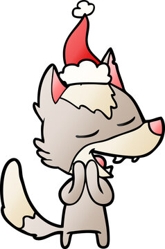 gradient cartoon of a wolf laughing wearing santa hat