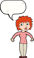 cartoon woman shrugging shoulders with speech bubble