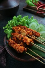 Chicken satay with cucumber and lettuce leaves