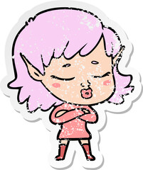 distressed sticker of a pretty cartoon elf girl
