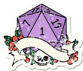 natural one d20 dice roll grunge sticker