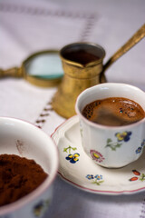 Coffee grounds reading. Fortune teller. Esoteric. Fortune telling. Woman reading fortune. cafeomancy