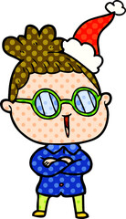 comic book style illustration of a woman wearing spectacles wearing santa hat