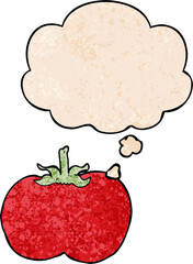 cartoon tomato and thought bubble in grunge texture pattern style