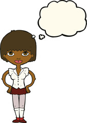 cartoon woman with hands on hips with thought bubble