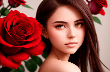 Beautiful woman in roses. Portrait of pretty model with composition of red roses. Generative AI.