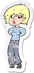 retro distressed sticker of a cartoon woman whistling