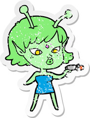 distressed sticker of a pretty cartoon alien girl