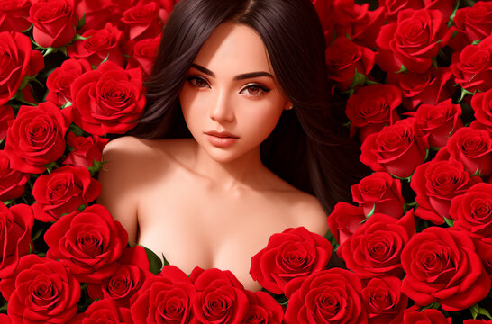 Beautiful woman in roses. Portrait of pretty model with composition of red roses. Generative AI.