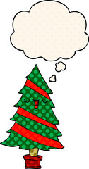 cartoon christmas tree and thought bubble in comic book style