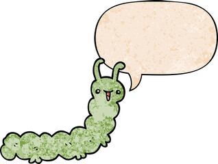 cartoon caterpillar and speech bubble in retro texture style