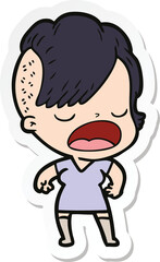 sticker of a cartoon cool hipster girl talking