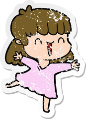 distressed sticker of a cartoon happy girl