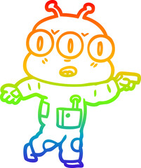 rainbow gradient line drawing cartoon three eyed alien pointing