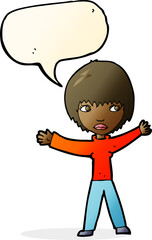 cartoon waving woman with speech bubble