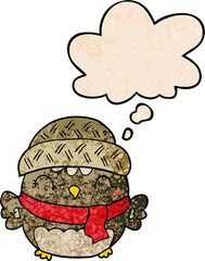 cute cartoon owl in hat and thought bubble in grunge texture pattern style