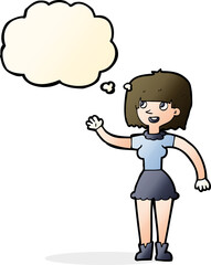 cartoon girl waving with thought bubble