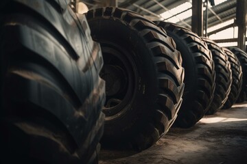 Fototapeta na wymiar A stack of large new tyres for agricultural machinery in a warehouse. Generative AI