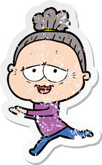 distressed sticker of a cartoon happy old lady