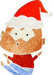 retro cartoon of a bald man staring wearing santa hat
