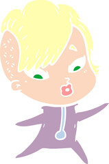 flat color style cartoon surprised girl in science fiction clothes