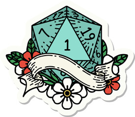 natural one d20 dice roll sticker