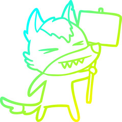 Obraz premium cold gradient line drawing angry wolf cartoon with placard