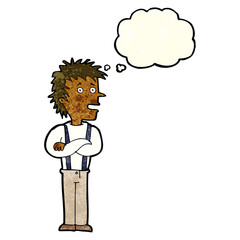 cartoon boy with folded arms with thought bubble