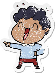 distressed sticker of a cartoon happy man