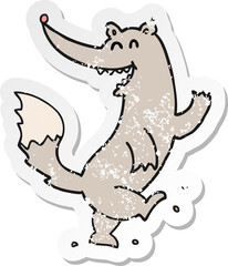 retro distressed sticker of a cartoon happy wolf dancing