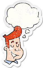 cartoon happy man and thought bubble as a distressed worn sticker