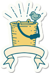 sticker of tattoo style bird perched on bucket of water