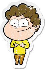 distressed sticker of a cartoon happy man