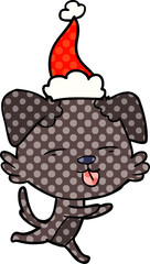comic book style illustration of a dog sticking out tongue wearing santa hat