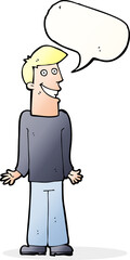 cartoon man shrugging shoulders with speech bubble
