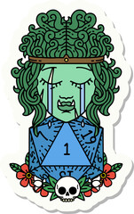 sad orc barbarian character face with natural one d20 roll sticker