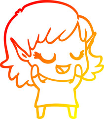 warm gradient line drawing happy cartoon elf girl