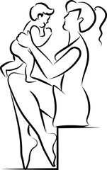 Mom holds her little son in outstretched arms. They are happy and laughing. Black line with thinning.