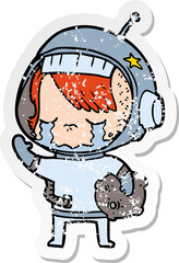 distressed sticker of a cartoon crying astronaut girl carrying rock sample